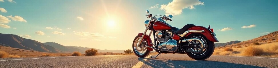 Naklejka premium Chrome motorcycle gleaming under vast open sky, horizon, chrome, asphalt