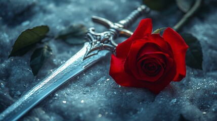 Stunning Red Rose and Silver Sword Composition for Creative Projects