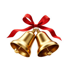 Pair of golden bells with red ribbon, transparent background