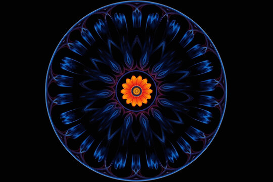 blue and green mandal pattern on a black background