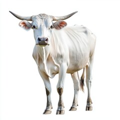 Serene White Bull Standing Tall Against a Clean Backdrop Displaying Majestic Horns and Peaceful Demeanor