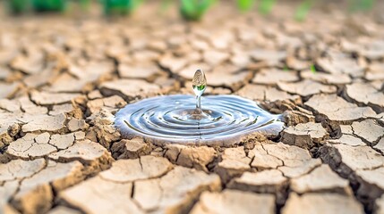 Single raindrop creating ripples in a dry cracked land symbolizing the power of water