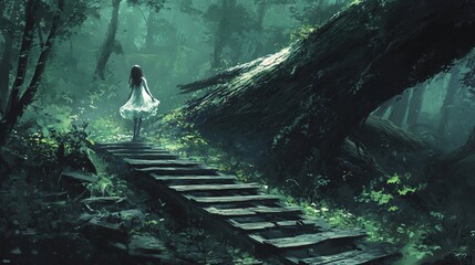 Mysterious Ghost Girl Climbing Wooden Stairs with Fallen Tree in Background