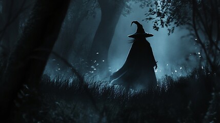 Enchanting Witch strolling through Eerie Forest at Night