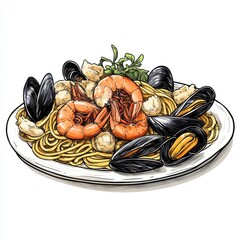 Shrimp and Mussel Pasta Delight Illustration for Culinary Art and Delicious Seafood Dish Presentation