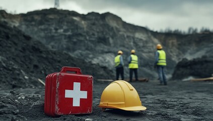Essential First Aid Kit and Safety Helmet at Construction Site: Ensuring Worker Safety and Well-being Outdoors