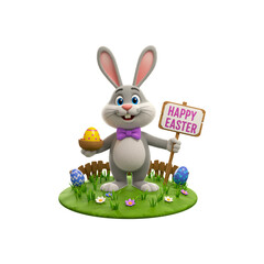 Fototapeta premium 3d cartoon character easter bunny holding a sign with the inscription happy easter on a transparent background. Easter bunny with congratulations png