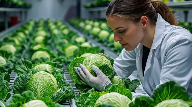 In a modern laboratory filled with rows of vibrant cabbage, a dedicated woman scientist carefully inspects a cabbage head, showcasing her commitment to agricultural research.