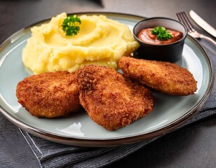 Generated image A plate of milanesas (breaded and fried meat cutlets) served with mashed potatoes