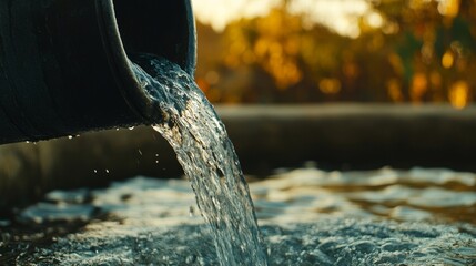 Pouring water from a dark bucket into a basin in a natural garden setting