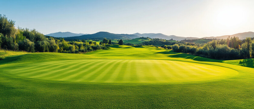 stunning green golf course landscape under clear blue sky, showcasing rolling hills and serene horizon. vibrant grass invites relaxation and enjoyment of nature