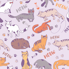 Doodle color funny cats seamless pattern