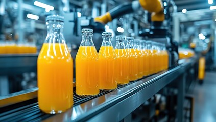 Automated Bottling Line: Juice Production, Conveyor Belt System, Glass Bottles, Factory Workflow, Beverage Industry, Orange Juice Filling