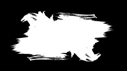 A white brush stroke on a black background. The brush stroke is composed of a variety of shapes and sizes. Ideal for use as an alpha matte in compositions.