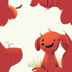 Smiling cartoon dog amidst red abstract trees.Seamless Pattern 