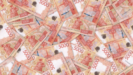 Seamless pattern. Finance illustration. Tickets of bank of Russia with new design. Denomination of banknotes 5000 rubles 2023. Paper money of Russian Federation. Background or wallpaper