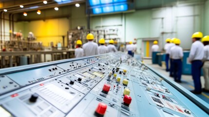 Workers observing control panel inside industrial plant building with machinery