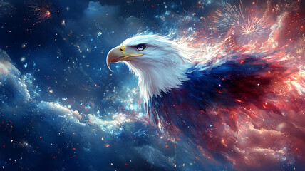 Vintage watercolor drawing of an American eagle on the background of the US flag.