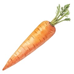Single Orange Carrot with Green Leaves Watercolor Illustration