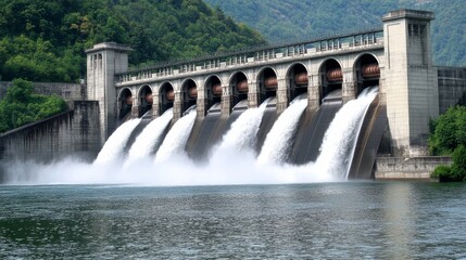 Large Dam Releases Water, Flowing Into Lake, With Forest Background