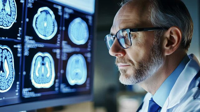 A neurosurgeon analyzes brain scans in a cutting-edge medical facility.