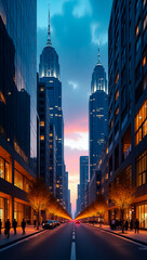 Obraz premium Stunning Cityscape Evening View Skyscrapers Illuminated Street Urban Night Modern Architecture Buildings City Twilight Golden Hour Dramatic Sky 