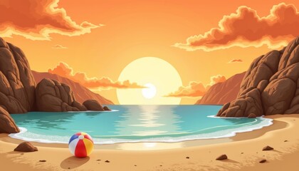 Idyllic beach sunset painting with beach ball, serene relaxation