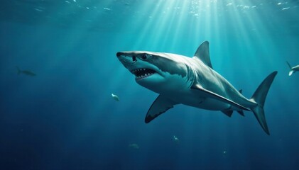 Fototapeta premium Great white shark hunting small fish in blue ocean, underwater, predator, seafood