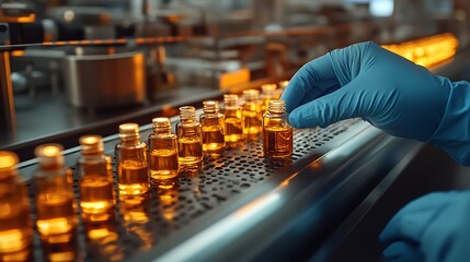 Laboratory Production Line with Amber Liquid Vials, A gloved hand handling small glass vials filled with amber liquid on a production line in a laboratory setting