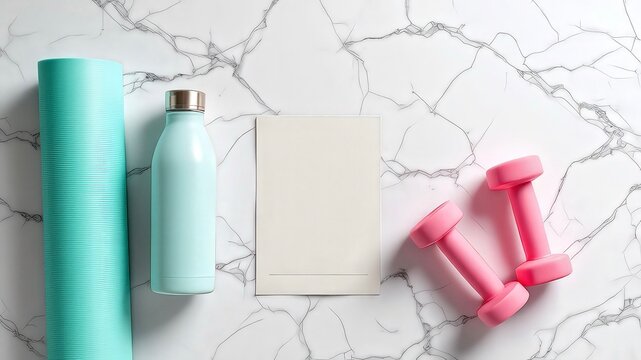 World Health Day. Arranging fitness equipment, including a yoga mat, dumbbells, and a water bottle, on a marble background, emphasizing a commitment to a healthy and active lifestyle - Powered by Adobe