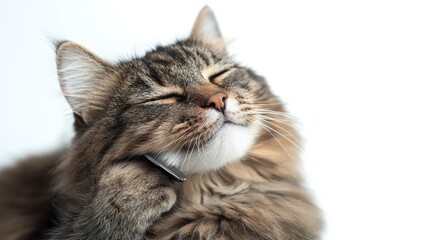Fototapeta premium Playful cat grinning with a tooth in its mouth isolated on a bright white background showcasing cat grooming