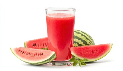 Refreshing Watermelon Juice and Slices with Mint on a White Background