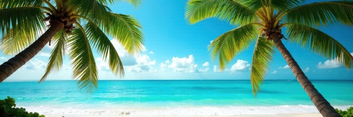 Obraz premium Lush palm trees framing turquoise ocean waves , getaway, landscape, tropical landscape