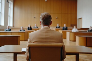 Courtroom proceedings in a legal trial with a defendant facing the judge and jury in Germany