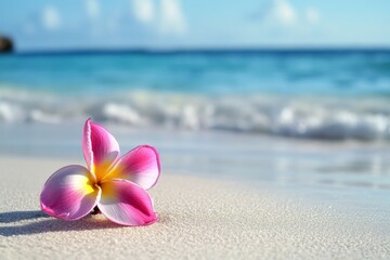 Fototapeta premium A captivating bloom rests on soft sand while gently kissed by soothing ocean waves under a bright clear sky.