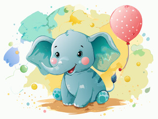 vector of  A cute baby elephant painted in watercolor, holding a balloon. Perfect for a baby boy shower, nursery decorations, or birthday invitations.