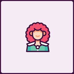 Smiling cartoon icon depicting a friendly person with curly pink hair