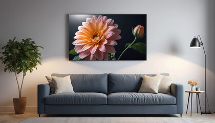 Fototapeta premium Stylowe wnętrze salonu z designerską szara sofą, obrazem i kwiatami. Wystrój domu. Projekt wnętrz.