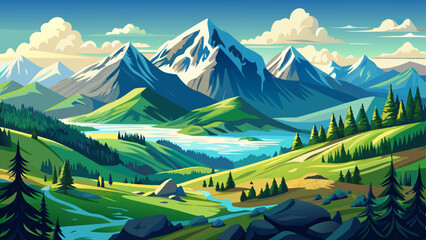 a view of a mountain range with a valley in the foreground, color field, alpine scenery, swiss alps, beautiful landscape background, © ehsanollah