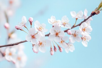 Obraz premium Stunning white cherry blossoms contrasted against a soft blue sky, creating a serene and elegant visual appeal.