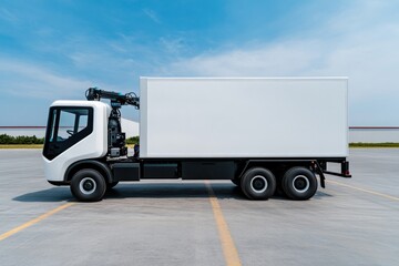 Sleek delivery truck parked under clear blue sky, showcasing mod