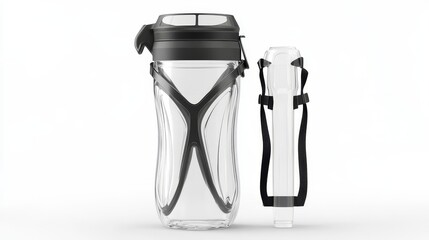 Clear water bottle and collapsible item set on a white background
