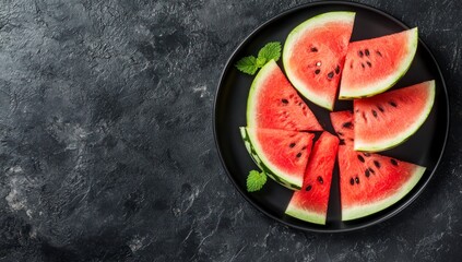 Fresh Watermelon Slices on Black Plate with Mint Leaves on Dark Background