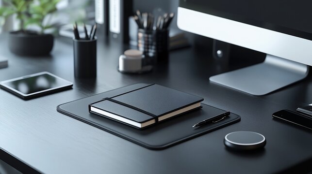 A modern minimalistic office workspace with several office related items