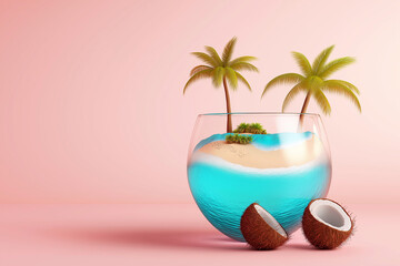 Obraz premium A minimal tropical summer refreshment concept featuring a delicious, cold exotic drink on the beach. A cocktail beverage, available in both alcoholic and non-alcoholic options.