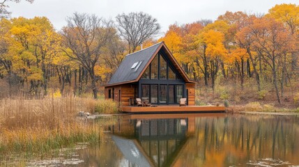 Fototapeta premium Modern A-frame cabin on lake in autumn.