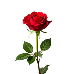 Fototapeta premium Vibrant Red Rose with Stem and Green Leaves, transparent background