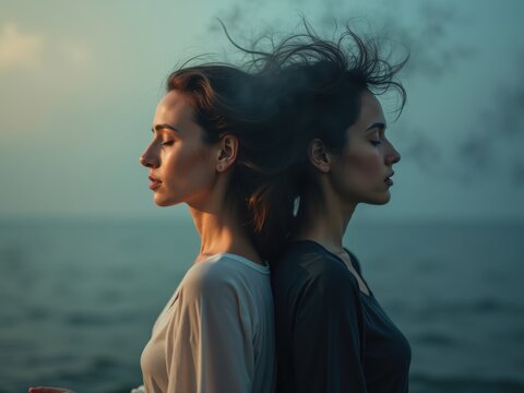 Mujer en dos estados de ánimo contrastantes: tranquila y meditativa, frenética y abrumada