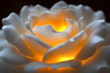 Close-up of an illuminated, white rose.  Warm light glows from within its delicate petals, creating a captivating contrast