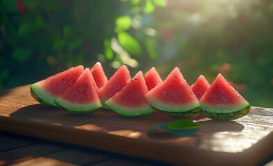 Watermelon Slices on Wooden Board Outdoors in Summer Sunlight Ready to Eat